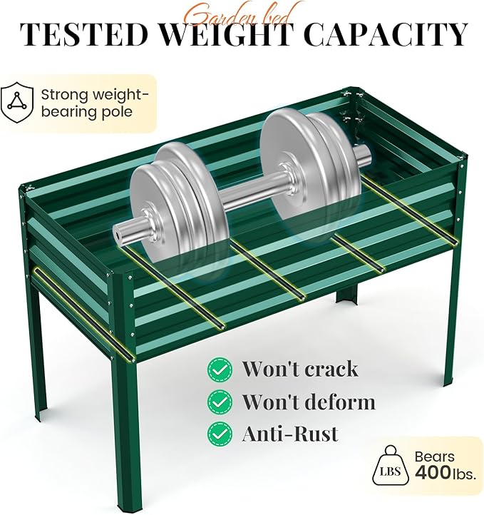KING BIRD Large Raised Garden Bed with Legs Galvanized Elevated Planter Box 48×24×32 in for Backyard, Patio, Balcony, 400lb Capacity, Green