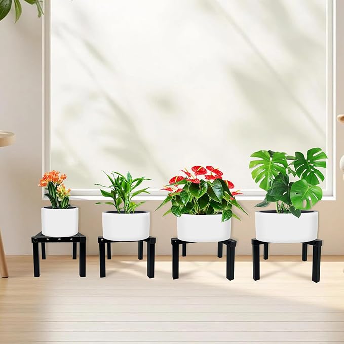 4 Pcs Four Legs Adjustable Metal Plant Stand for 5"-10" Plant Pot – Indoor & Outdoor (Black, 4 Pack)