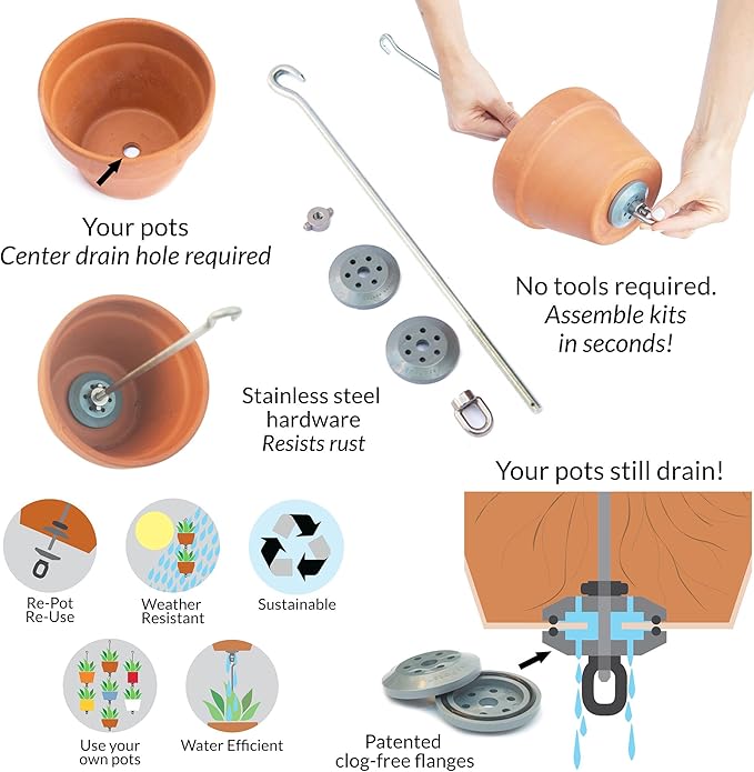 — Three Pack, Pot Hanger Kits + Accessories - Hang and Connect Your Clay Pots, Stainless Steel - Indoor Outdoor - Connectable Hanging Planter Vertical Garden w/Drainage for Healthy Plants