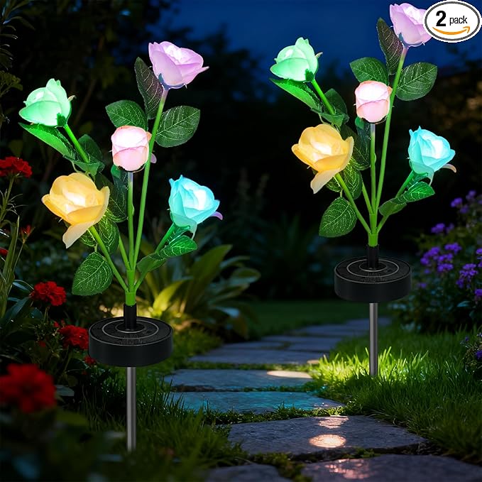 Upgraded Solar Garden Lights, 2 Pack Outdoor Solar Lights, New Round Panel for 40-Hour Runtime, Serve as Outdoor & Indoor Decor, 7-Color Changing Flower Lights, Waterproof for Patio Yard Decoration