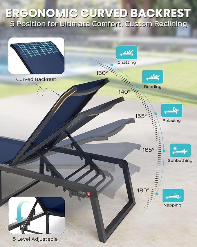 Aluminum Chaise Lounge Chair Outdoor, Foldable & Assembly Free Patio Pool Lounge Chairs 5-Position Recliner for Outside Poolside, Fully Grounded Legs Sun Lounger for Beach, Yard, Navy Blue