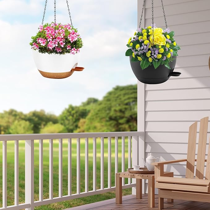 10 inch Hanging Planters for Indoor Plants, 3 Pack Self-Watering Hanging Planter Pots with Chain and Drainage Holes, Outdoor Plastic Hanging Baskets for Garden Home Decor