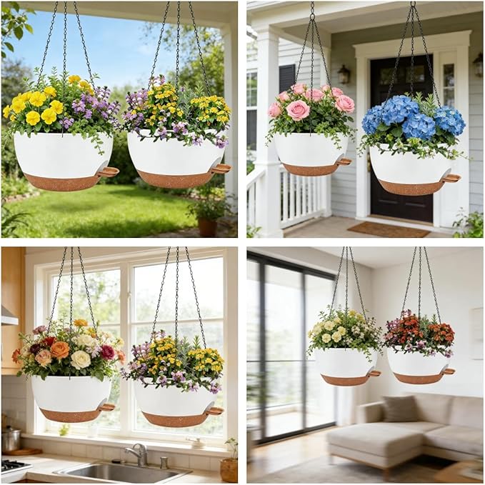 2 Pack 12 Inch Self Watering Hanging Planters for Indoor Plants, Large White Brown Plastic Hanging Pots with Chains for Outdoor Patio Garden Home Decor White Brown