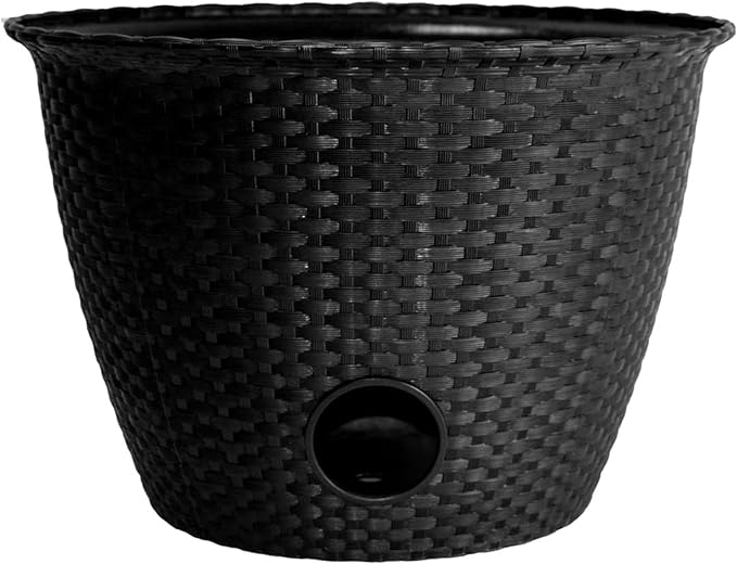The HC Companies Woven Garden Hose Holder - Lightweight Plastic Decorative Water Hose Holder w/100-Foot Capacity - Garden Hose Pots for Outside (18”, Black, Pack of 1)