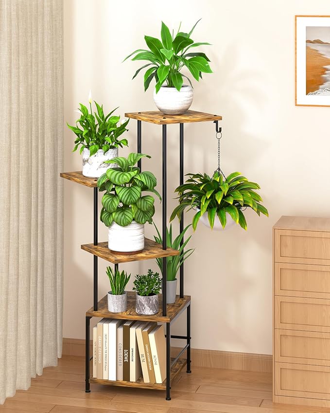 Plant Stand Indoor, 5-Tier Tall Plant Stand Indoor, Metal Plant Shelf with Hanging Basket Hook, Ideal Corner Plant Table for Living Room, Balcony, Garden, Patio (Brown)