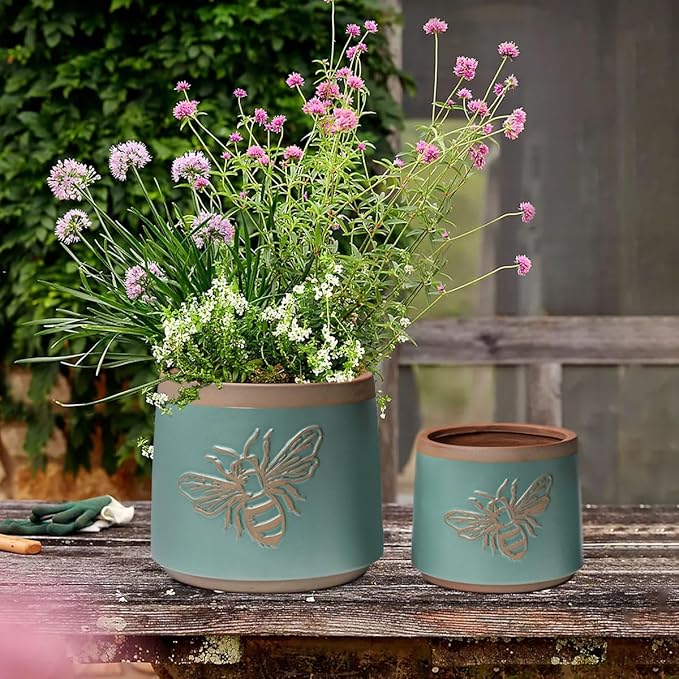 YBX Terracotta Pots with Drainage Holes, Bee Decor, Planter for Indoor Plants, Flower Pots Indoor Succulent, Herbs, Snake Plants (Turquoise, 6+4 Inch)