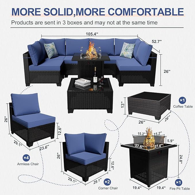 8-Piece Patio Furniture Set with 50,000 BTU Fire Pit Table - Wicker Outdoor Sectional Sofa Set for Backyard Deck Garden (Brown/Blue)