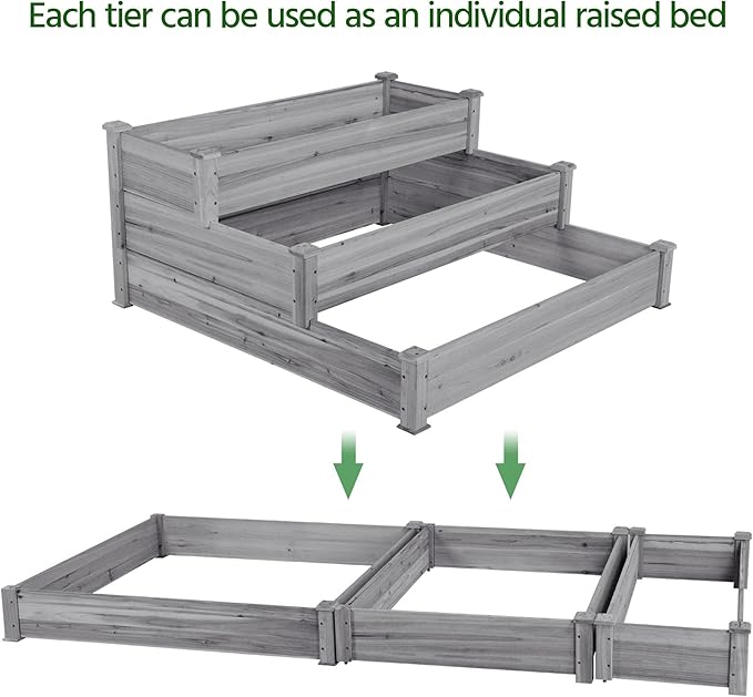 Yaheetech 3 Tier 47 x 47 x 22in Raised Garden Bed Horticulture Outdoor Elevated Flower Box Tiered Garden Bed Wooden Vegetables Growing Planter for Backyard/Patio/Gardener, Gray