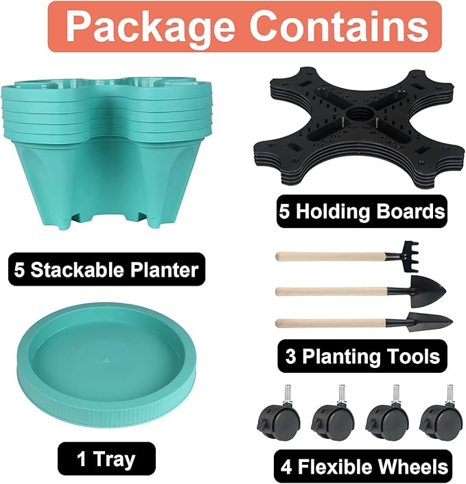 GameXcel Vertical Planter 5 Tier Stackable Planters Garden Planters Strawberry Herb Flower and Vegetable Planter Indoor Outdoor Gardening Pots with Removable Wheels and Tools