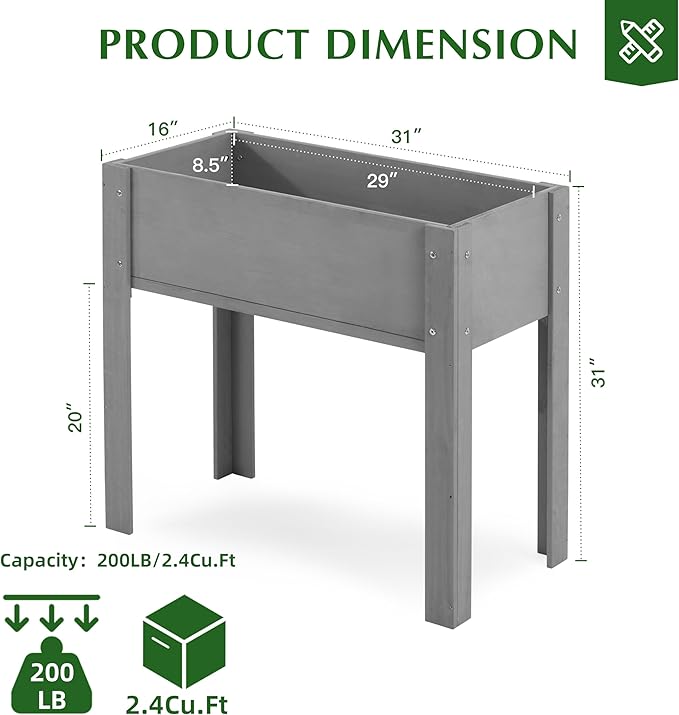 SoliWood Set of 2 Raised Garden Bed with Legs, 31x16x31'', Outdoor Wood Elevated Planter Box, Grey Cedar, Thick Legs, w/Liner