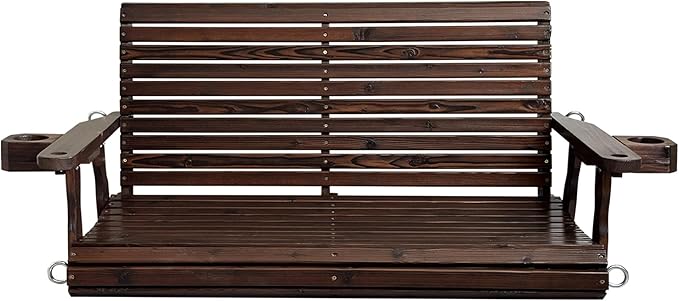 Wooden Porch Swing 2-Seater, High Backrest and Deep Seat, Bench Swing with Cupholders, Hanging Chains and 7mm Springs, Heavy Duty 880 LBS, for Outdoor Patio Garden (Deep Brown, 4.5 feet Extra-Large)