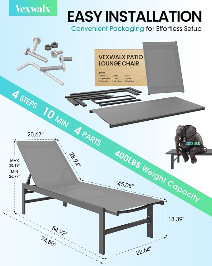 Outdoor Lounge Chairs Set of 3, Aluminum Chaise Lounge Chairs with 5-Position Recliner, Patio Lounge Chair for Backyard, Poolside, Deck, Lawn (Darkgray)
