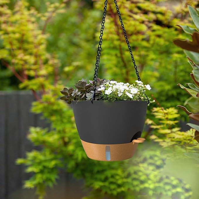 ZMTECH 12 Inch Hanging Planters for Indoor Outdoor Plants, 2 Pack Self Watering Hanging Plant Pots with Drainage Hole, Visual Reservoir, Plastic Flower Hanging Pots with Watering Lip (Black)