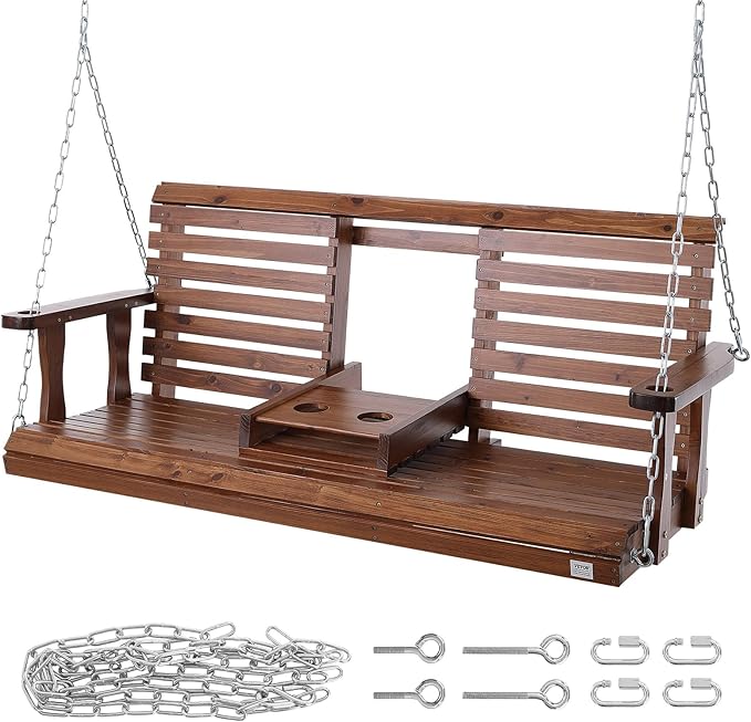 VEVOR Wooden Porch Swing 5 ft, Patio Bench Swing for Courtyard & Garden, Upgraded 880 lbs Strong Load Capacity, Heavy Duty Swing Chair Bench with Hanging Chains for Outdoors, Brown