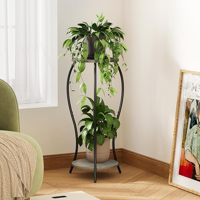 Plant Stand Indoor, 2 Tier Round Tall Plant Stand, Flower Pot Stand, Plant Shelf Rack, Corner Plant Stand for Planter Garden Balcony Patio Living Room (Grey-Wood, 2 Tier)