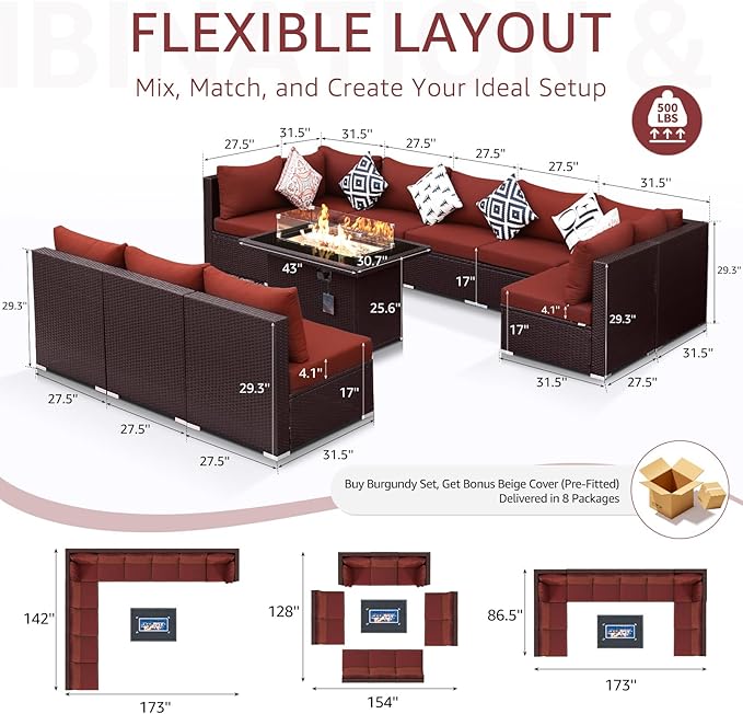 NICESOUL 11 Piece Modern Outdoor Patio Furniture Set with Firepit Propane/Natural Gas, 29.3'' High Back Wicker Conversations, 10 Seater Large Wide Sectional for Outside, Brown Rattan and Red Cushion