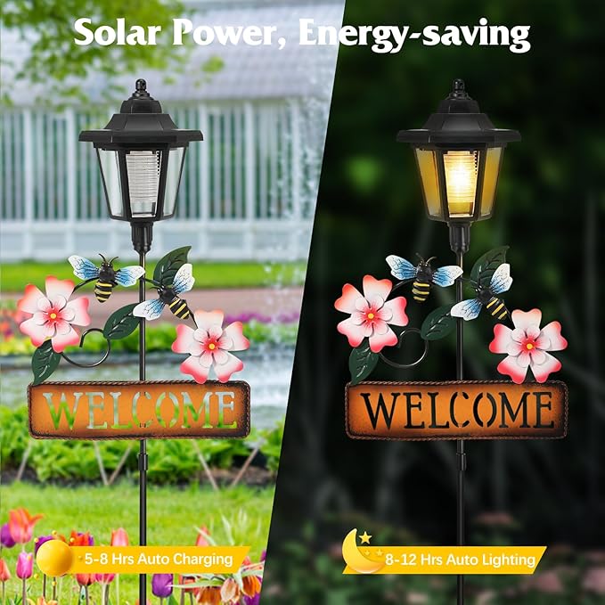 Lewondr Solar Garden Lights Bee, 37.4 Inch Solar Lamp Post Light with Welcome Sign & Bees, Outdoor Waterproof Solar Stake Lights for Yard Porch Patio Pathway Gardening Gifts, 2 Pack