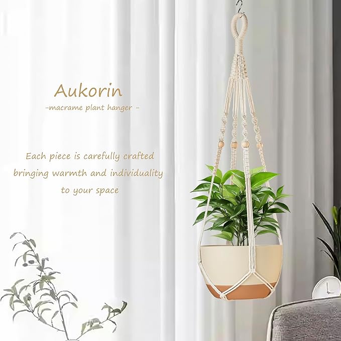 35 Inch Macrame Plant Hanger Indoor with Wood Beads and No Tassels,Strong Hanging Planter Flower Pot Holder for Indoor Outdoor Boho Home Decor,Set of 2,Ivory(Pots Not Included)