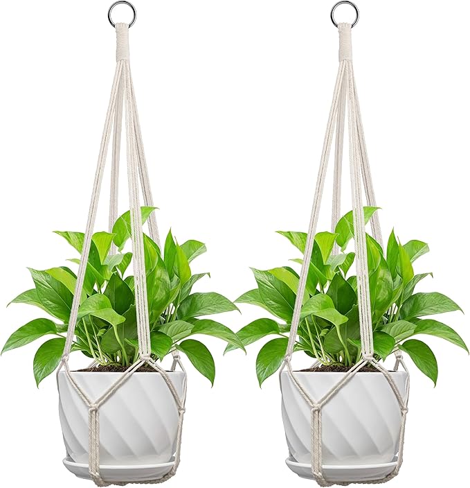 Macrame Plant Hanger, Fits 4-13 Inch Pots, Boho Hanging Plant Holder for Indoor Outdoor, 35 Inch, Set of 2, White (No Flowerpot)