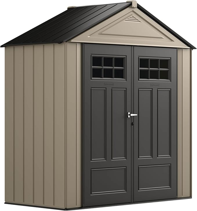 Rubbermaid Resin Outdoor Storage Shed With Floor (7 x 3.5 Ft) Weather Resistant, Brown Gable, Organization for Home/Backyard/Garden Tools/Lawn Mower/Bike Storage/Pool Supplies