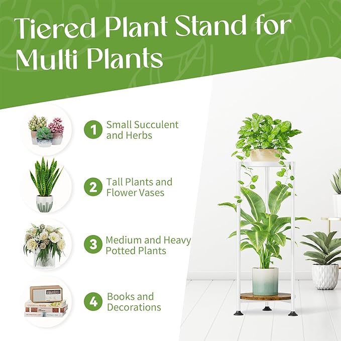 iDavosic.ly 2 Tier Corner Plant Stand Indoor, 30 Inch Tall Vertical Metal Flower Heavy Duty Pot Holder Shelf Outdoor for Patio Porch Living Room, White & Rustic Brown - Round