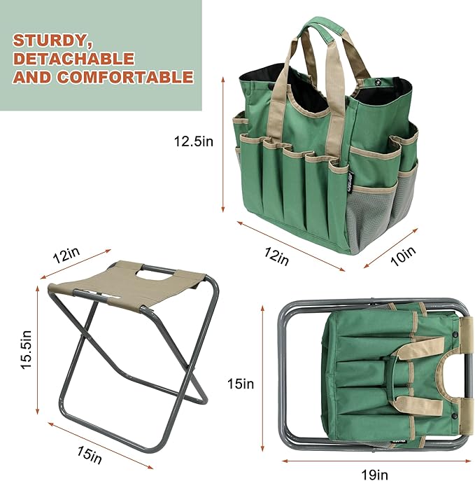 MDSTOP Folding Gardening Stool with Detachable Storage Tote Bag, Gardening Tools Set Organizer for Fishing Outdoor Sports Hiking Camping Garden, Gardening Gifts for Mom/Dad and Gardeners (Polyester)