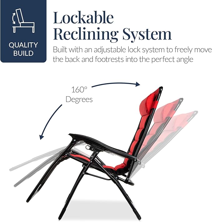 Best Choice Products Oversized Padded Zero Gravity Chair, Folding Outdoor Patio Recliner, XL Anti Gravity Lounger for Backyard w/Headrest, Cup Holder, Side Tray, Polyester Mesh - Red