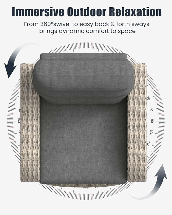 Outdoor Swivel Recliner Chair, All-Weather Wicker Reclining Patio Chair with Adjustable Backrest and Footrest