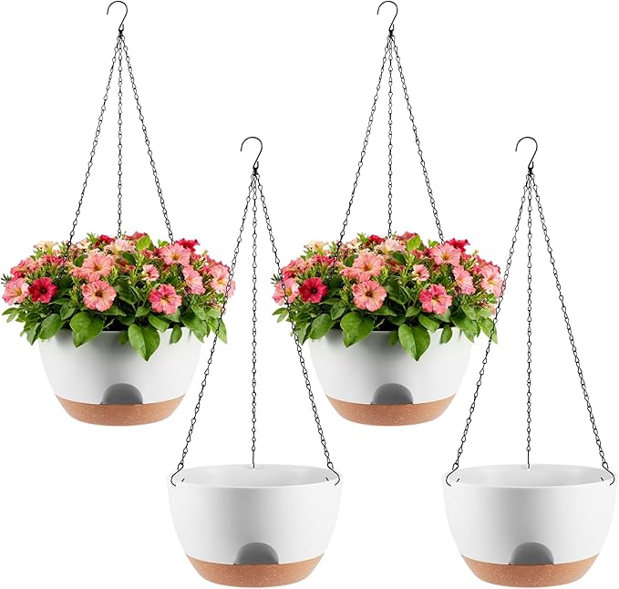 4-Piece Set of 8-Inch Hanging Planters with Automatic Watering System and Drip Tray, Includes Metal Chain, Suitable for Various Indoor and Outdoor Plants and Flowers, White Brown