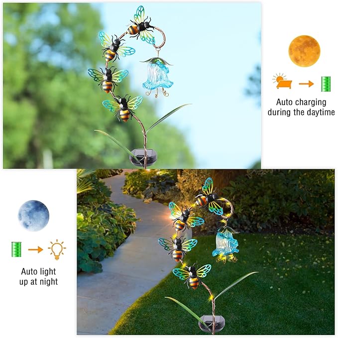 Bshine Solar Flower Outdoor Waterproof Bee Lights, Valentine's Day Garden Decorative Metal Stake Bee Hanging Flower, Yard Decorations Outdoor Patio, Courtyard, Pathway and Lawn Ornaments