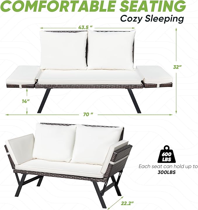 Greesum Outdoor Sofa, Woven Rattan Patio Furniture, Convertible Daybed or Double Chair with Adjustable Armrests, Cushions and Pillows for Yard, Porch, Pool, Brown Lounger & Beige Pillowcase