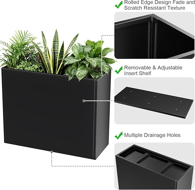 Tall Metal Planter Box for Outdoor Plants 38" L x 13" W x 30", Heavy Duty Steel Large Rectangular Planter Box with Removable Insert Shelf, Modern Décor for Tall Plants, Trees, Flowers (Black)