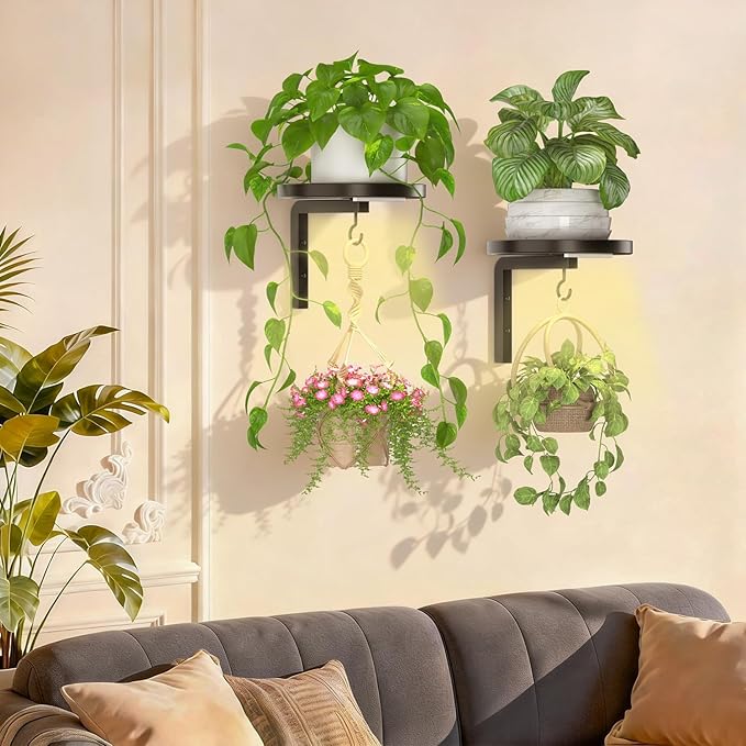iDavosic.ly Wall Plant Holder with Grow Lights Set of 2 for Indoor Outdoor, Metal Hanger with 2 Hooks, Floating Flower Display Stand for Window, Space Saving & Easy to Assemble (Pots Not Included)