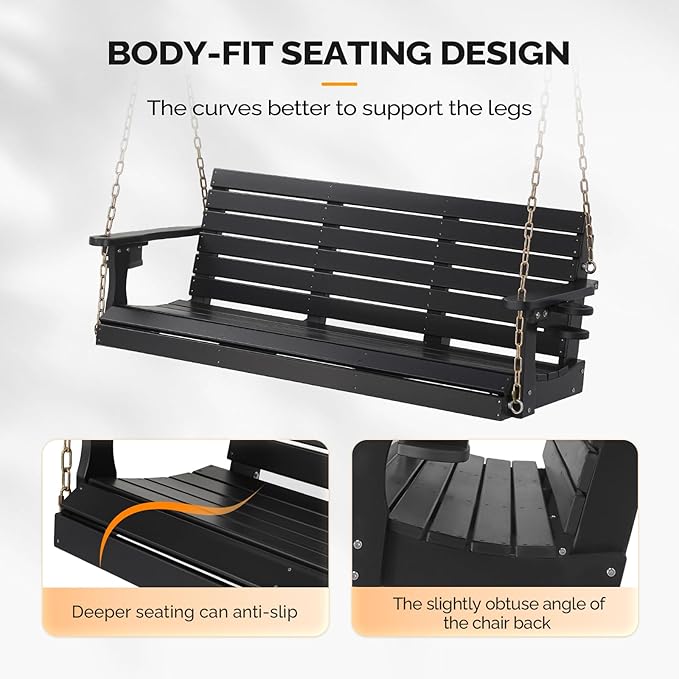 VINGLI Heavy Duty 1600 LBS HDPE Porch Swing Outdoor with Rotatable Cup Holder, 5 FT Patio Bench Swing with Adjustable Chains, 3 Person Hanging Porch Swing Chair for Porch, Yard, Tree, Garden - Black