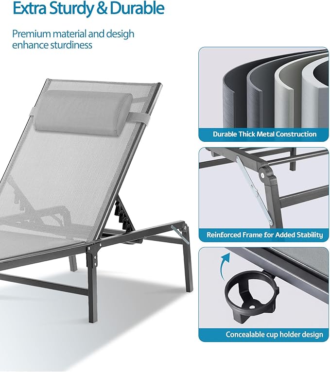 2 Pack Foldable Chaise Lounge Chair with Cup Holder, Assemble-Free Outdoor Lounge Chair with Detachable Pillow and 6 Adjustable Backrest, Patio Lounge Chair for Outside Poolside Beach Pool, Grey