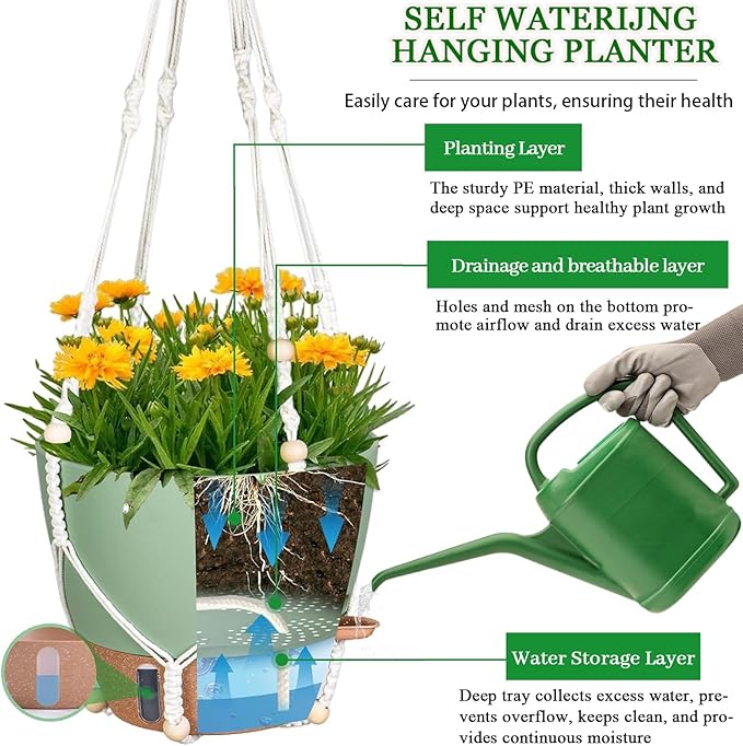 10 Inch Hanging Planters for Indoor Plants, 2 Pack Self Watering Hanging Baskets Flower Pots with Drainage Hole, Visual Reservoir & 2 Kinds of Plant Hanger for Home Decor