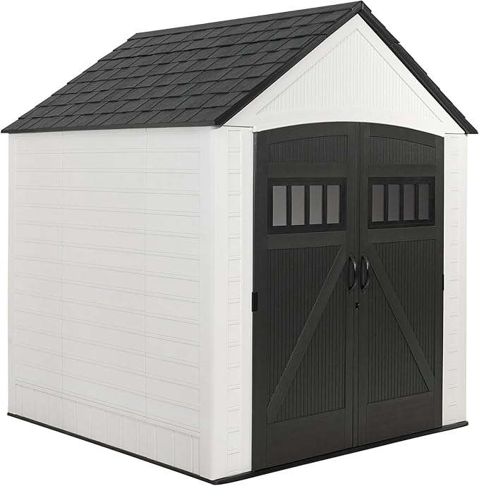 Rubbermaid Resin Outdoor Storage Shed With Floor (7 x 7 Ft) Weather Resistant, White, Organization for Home/Backyard/Garden Tools/Lawn Mower/Bike Storage/Pool Supplies