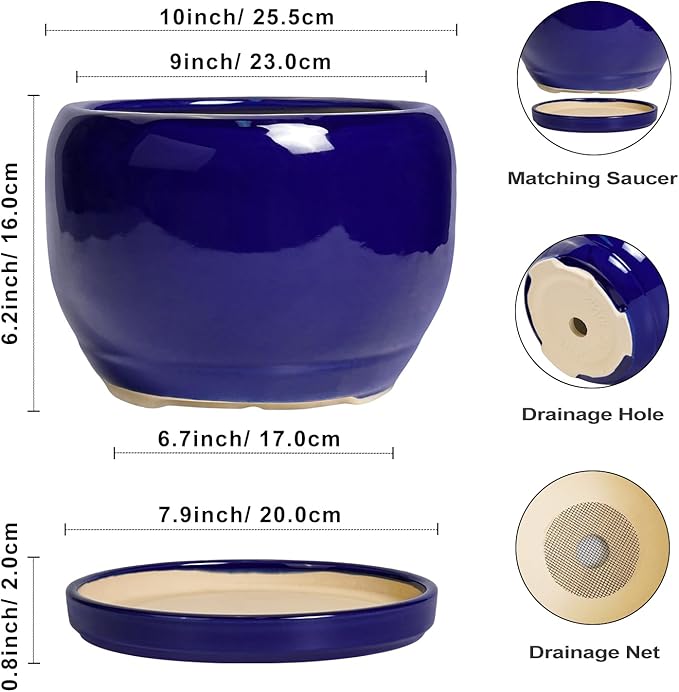 SQOWL Ceramic Plant Pot - 10 Inch Ceramic Planter for Indoor Outdoor, Round Flower Pot with Drainage Hole and Saucer, Modern Decorative Large Planter, Garden Decor, Plant Lover Gifts, Blue