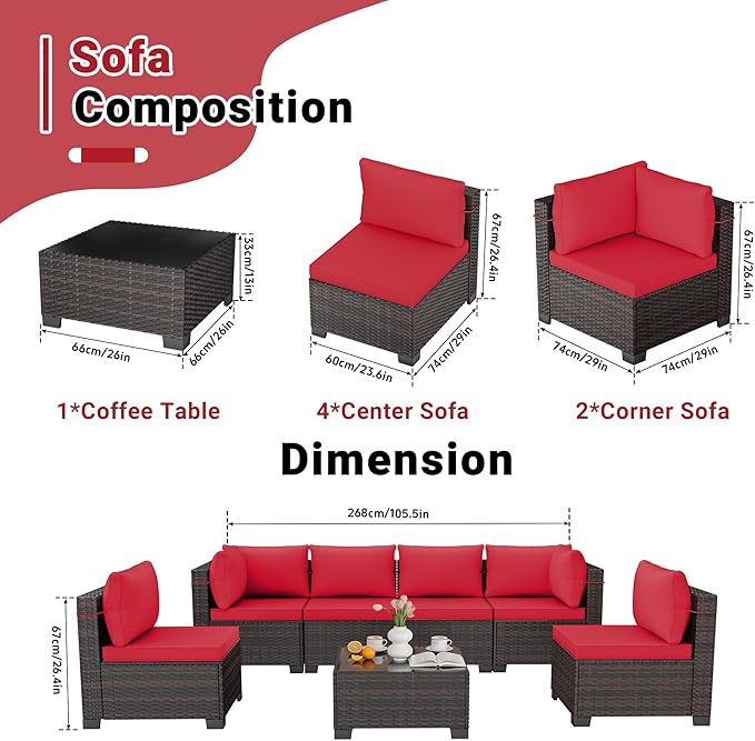 LEVELEVE 7 Pieces Outdoor Patio Furniture Sets,Rattan Conversation Sectional Set,Manual Weaving Wicker Patio Sofa with Tea Table