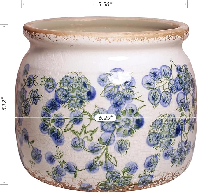 Ceramic Planters Spring Decor, 6.29in Country Cottage Plant Pots with Drainage Hole for Indoor Plants & Succulent, Vintage Crackle Glaze Finish Flower Vase, Home Decor Gifts, Deep Blue Floral