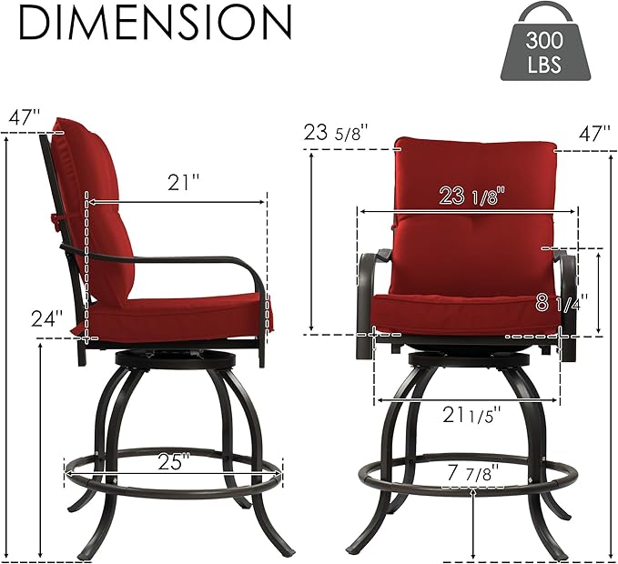 Kozyard Isabella Outdoor Swivel Bar Chairs, Counter Height Patio Bar Stools Set of 2 with Cushioned Seats, All-Weather Metal Bistro Chairs for Backyard Dining (Burgundy, with Cushion)