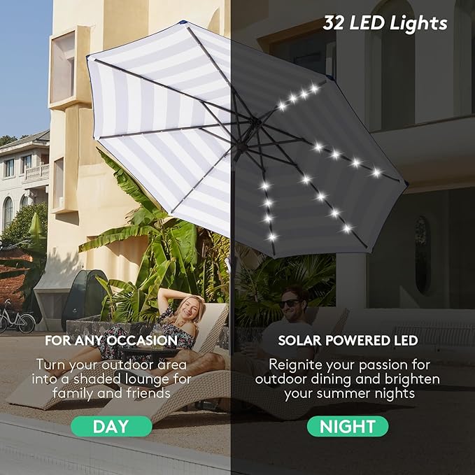 JEAREY 9FT Outdoor Patio Umbrella with Solar Lights, LED Lighted Pool Umbrella with Tilt and Crank, Outdoor Table Umbrellas for Deck, Yard & Market (Blue White Striped)