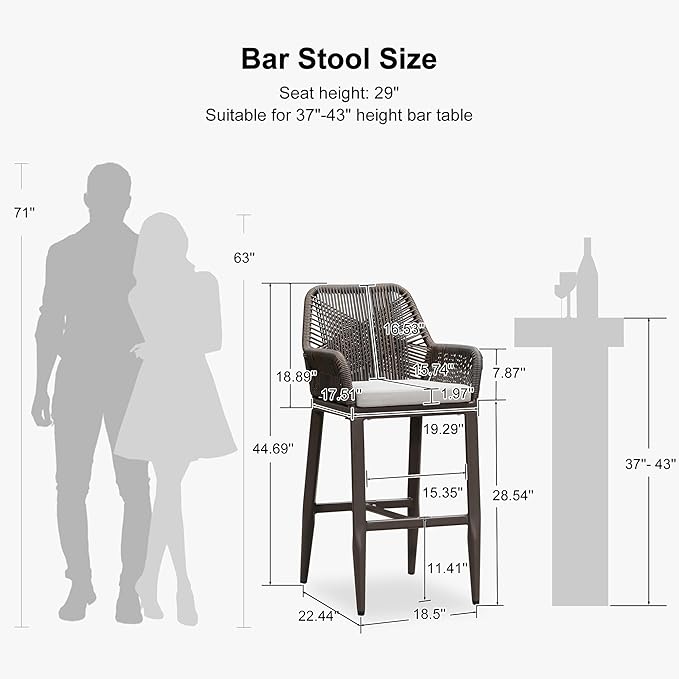 PURPLE LEAF Outdoor Wicker 29" Bar Stools Set of 2, Boho Patio Bar Height Chair with Cushion and Back for Outdoor and Indoor, Garden, Patio, Coffee