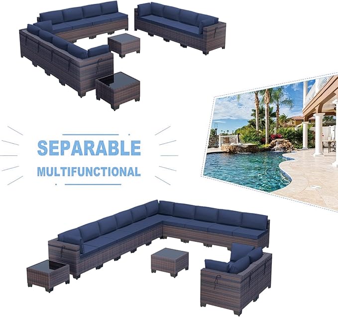 Kullavik 14 Pieces Outdoor Patio Furniture Set PE Wicker Rattan Sectional Sofa Patio Conversation Sets,Navy Blue