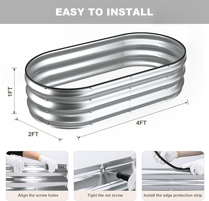 2 Pack 4x2x1FT Galvanized Raised Garden Beds,Raised Garden Bed with Safety Edging and Gloves,Oval Metal Planter Box for Gardening Vegetables Flowers Herb-Silver