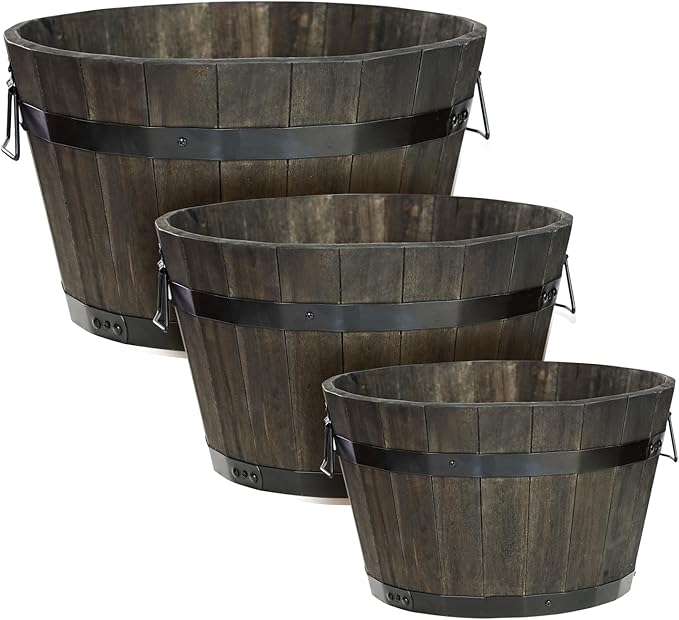Idzo Set of 3 Wooden Flower Planters for Outdoor Plants, Acacia Wood Barrel Planters, Ergonomic Handles, Drainage Holes, Various Sizes, Black