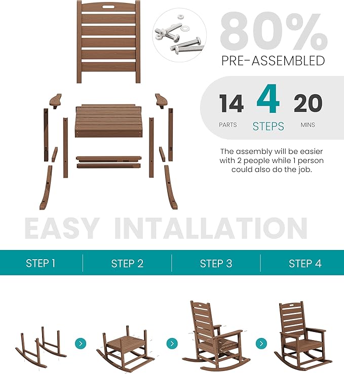 SERWALL Outdoor Rocking Chair Set of 4, Oversized HDPE Patio Rocking Chair with Footrest for Adults, All Weather Porch Rocker for Deck Patio Balcony, Brown