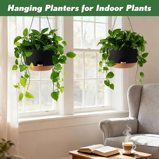 3-Piece Set of 10-Inch Hanging Planters with Automatic Watering System and Drip Tray, Includes Metal Chain, Suitable for Various Indoor and Outdoor Plants and Flowers, Black-Brown
