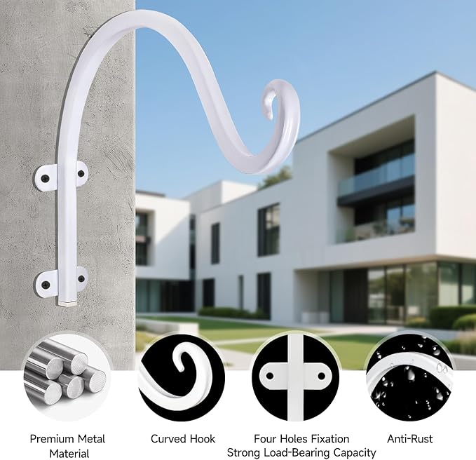 4 Pack 12Inch Plant Hanger, Sturdy Hanging Plant Bracket Hooks Outdoor, Bird Feeder Hanger for Bird Feeders, Planters, Lanterns, Wind Chimes Indoor Outdoor (White)