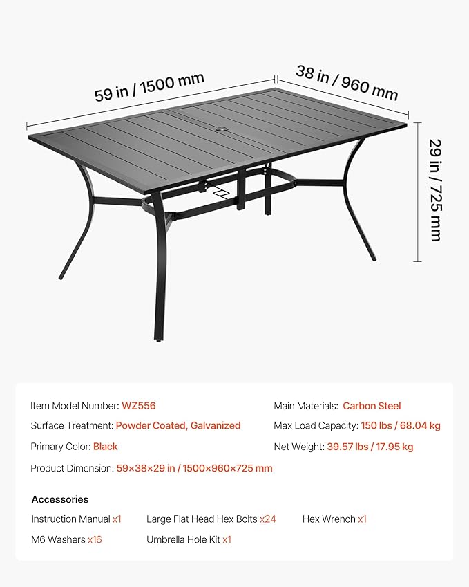 VEVOR Outdoor Patio Dining Table, 59 inch Long Rectangular Metal Steel Slat Backyard Bistro Tables for 4-6, with 1.5 in Umbrella Hole, All-Weather Large Furniture for Lawn Garden Porch, Black